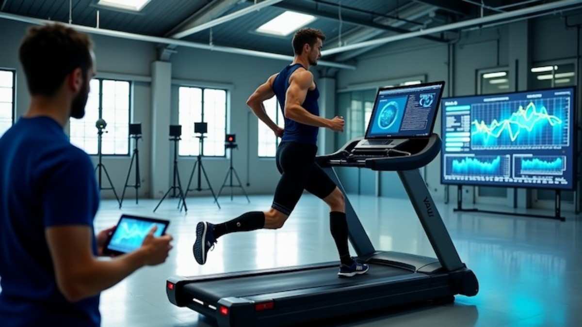 Athletes and coaches using advanced sports technology for real-time performance analysis and immersive training.