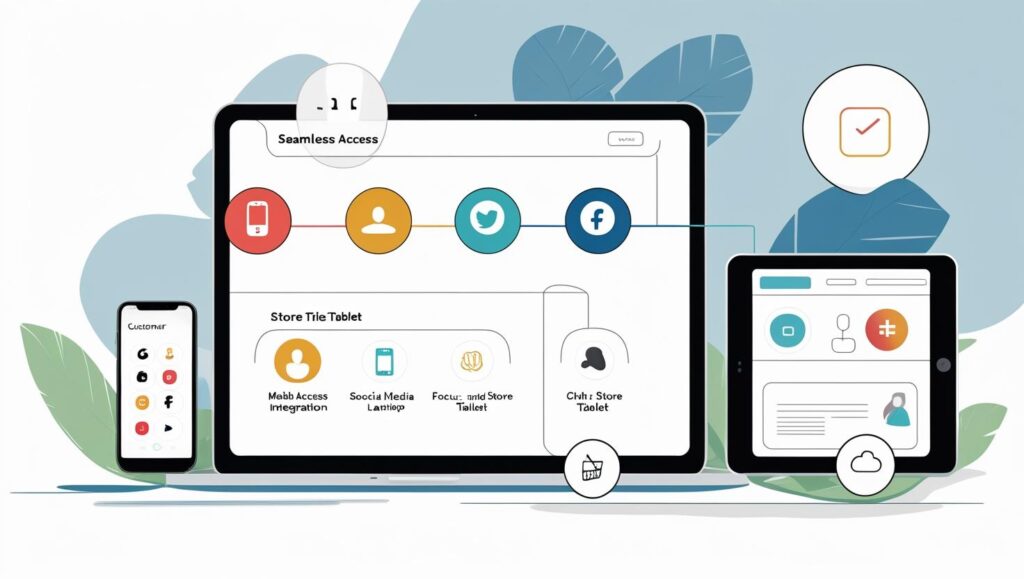 AI syncing customer experience across devices — phone, laptop, store tablet — with seamless transitions, integrated interface, icons for mobile, social, and e-commerce