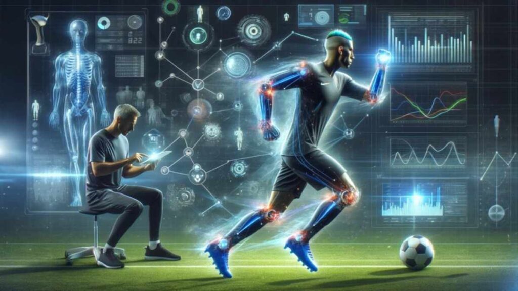 AI and advanced sensors monitoring athlete performance during high-tech training sessions
