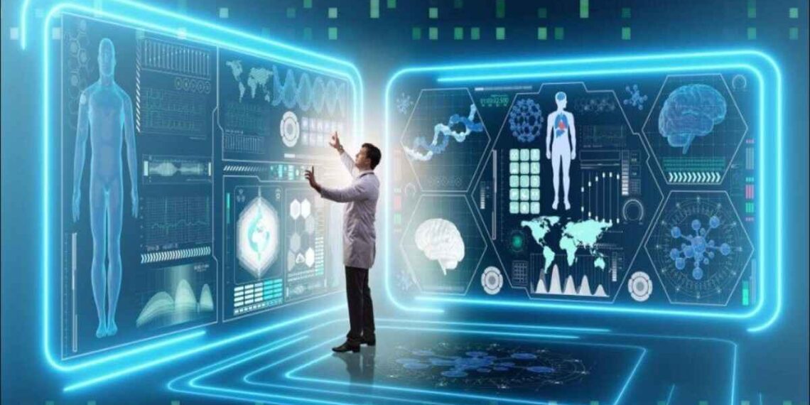 Doctor using AI predictive analytics in healthcare to review patient data on a digital interface.