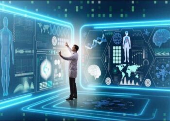 Doctor using AI predictive analytics in healthcare to review patient data on a digital interface.