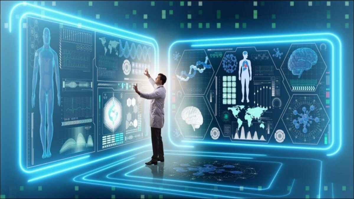 Doctor using AI predictive analytics in healthcare to review patient data on a digital interface.