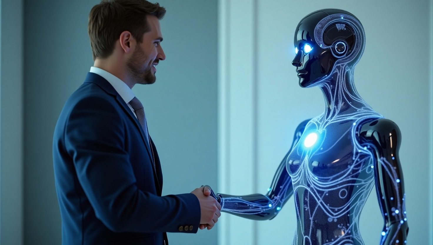 A confident businessperson in a sleek navy blazer using AI business tools on a digital tablet