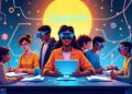 Futuristic AI-powered classroom with students and virtual assistants