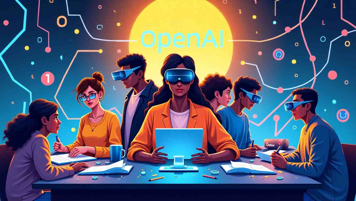 Futuristic AI-powered classroom with students and virtual assistants