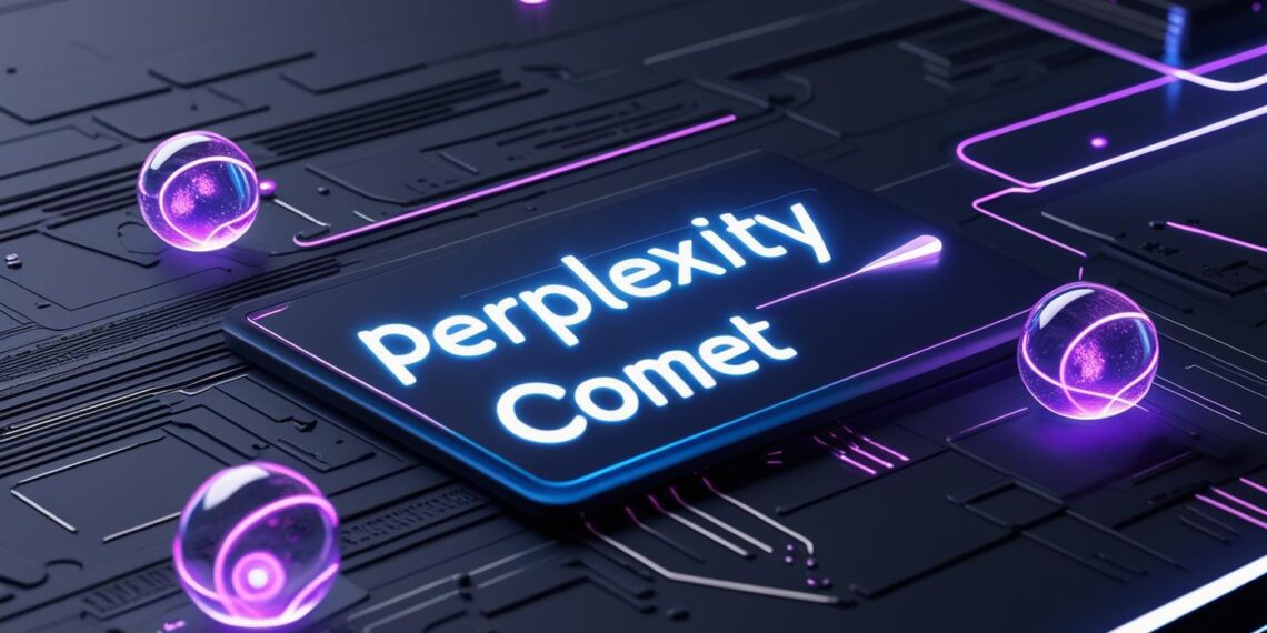 Futuristic Perplexity Comet browser interface with AI tools on a computer screen