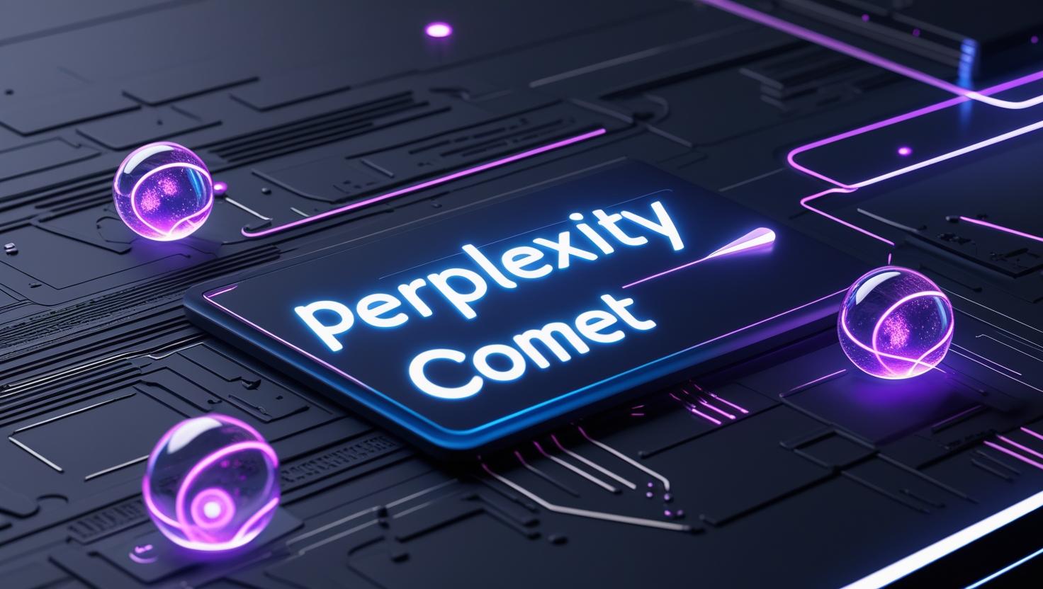 Futuristic Perplexity Comet browser interface with AI tools on a computer screen