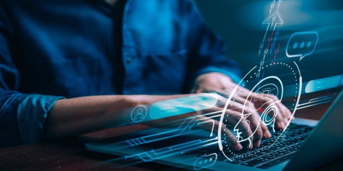 Small business owner using AI content creation tools to draft marketing materials while maintaining brand authenticity.