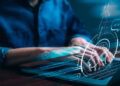 Small business owner using AI content creation tools to draft marketing materials while maintaining brand authenticity.