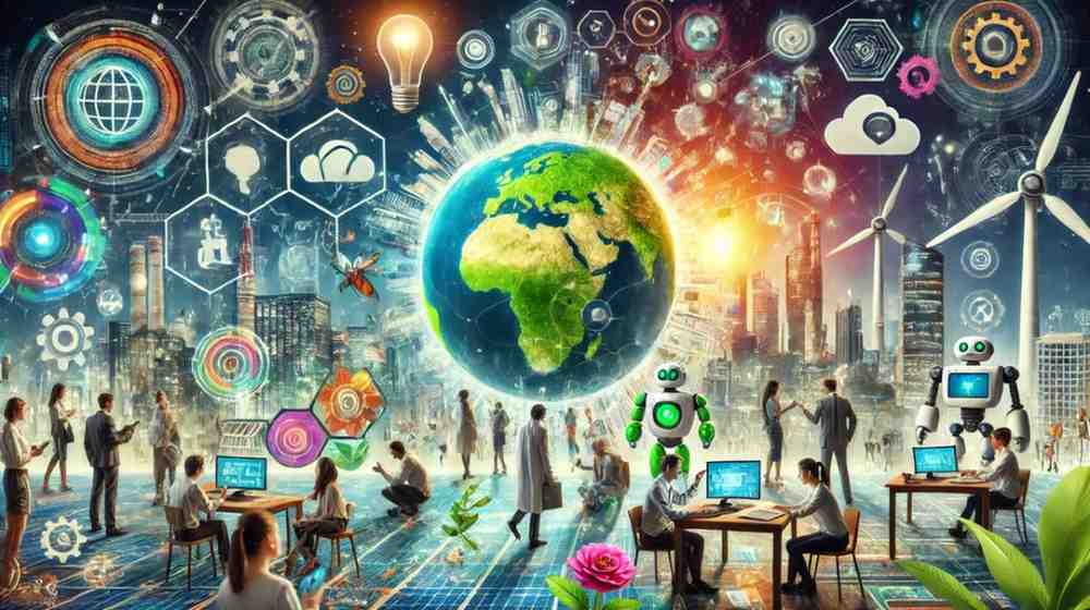 Global competition in AI-driven materials innovation with futuristic research labs and digital simulations