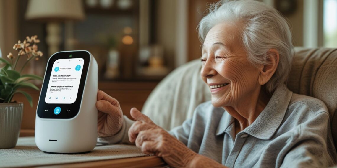 AI voice assistant helping elderly individuals in US homes with daily tasks and companionship.