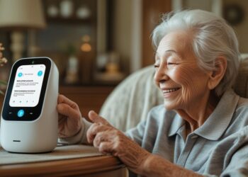 AI voice assistant helping elderly individuals in US homes with daily tasks and companionship.