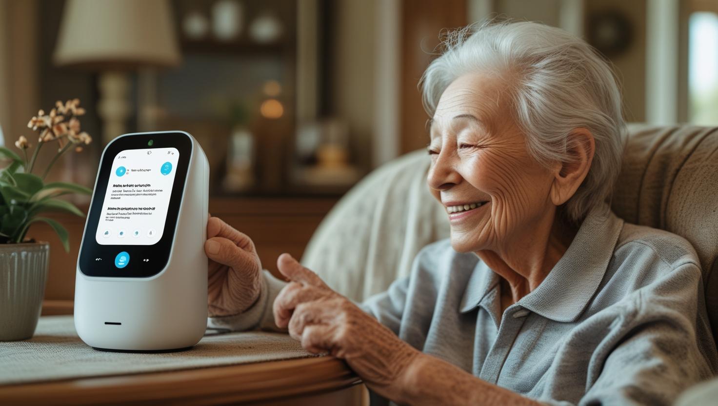 AI voice assistant helping elderly individuals in US homes with daily tasks and companionship.