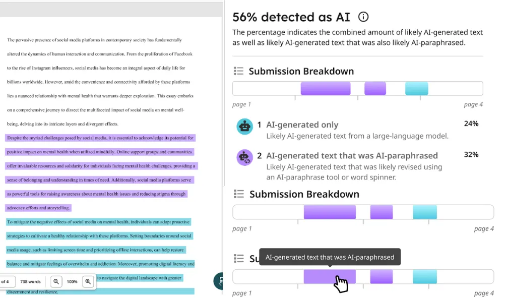 How Turnitin Flags AI Content Turnitin’s AI Writing Indicator divides flagged content into: AI-generated only (cyan) AI-paraphrased (purple)