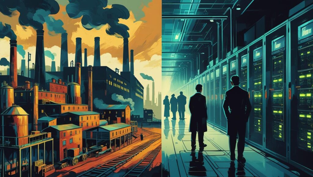 Illustration blending AI technologies with 19th-century industrial imagery, symbolizing America’s transformation.