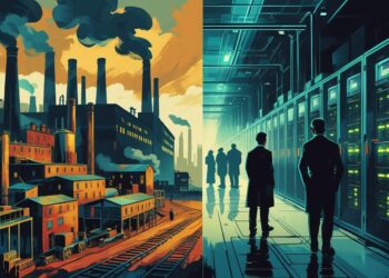 Illustration blending AI technologies with 19th-century industrial imagery, symbolizing America’s transformation.