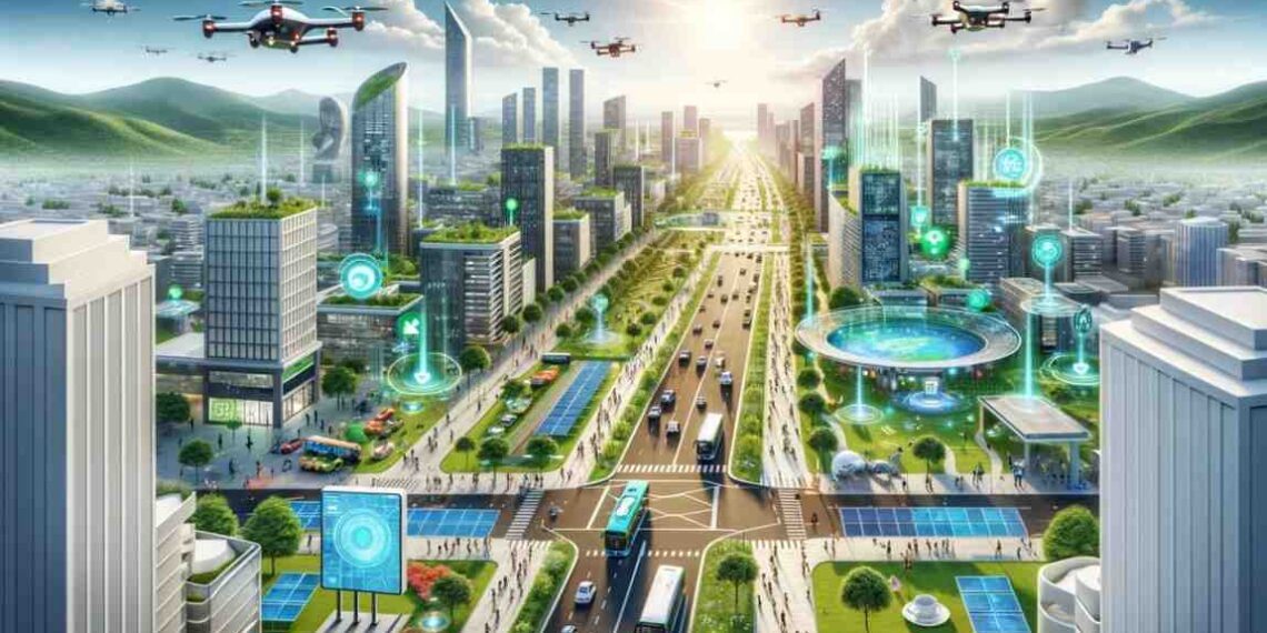 Aerial view of smart cities integrating green spaces and advanced digital infrastructure for citizen-centric urban living.