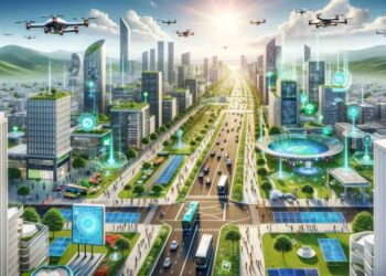 Aerial view of smart cities integrating green spaces and advanced digital infrastructure for citizen-centric urban living.