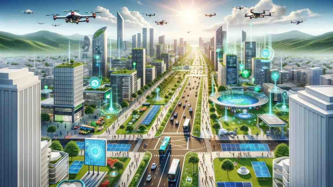 Aerial view of smart cities integrating green spaces and advanced digital infrastructure for citizen-centric urban living.