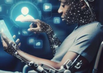 A person using assistive technology on a laptop, symbolizing AI and disability inclusion.