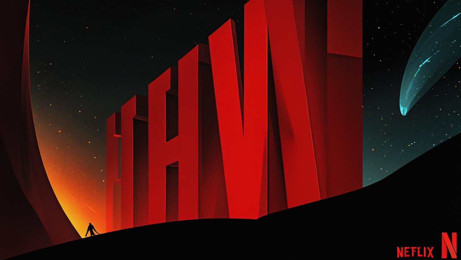 Netflix promotional image showing AI-generated VFX of a collapsing building alongside a VFX artist at work."