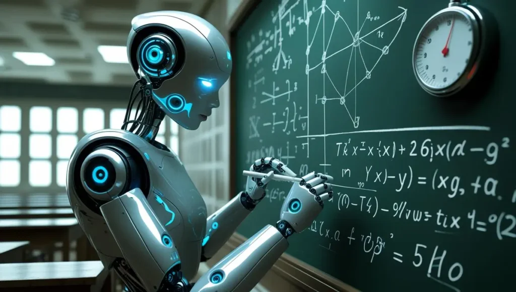 AI robot solving complex IMO math problems on a chalkboard in a timed exam setting.