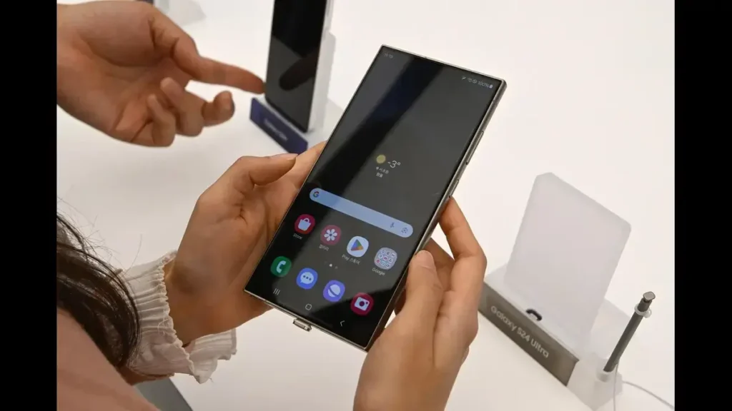 Samsung Galaxy S25 shown with AI travel features like translation and camera tools on screen