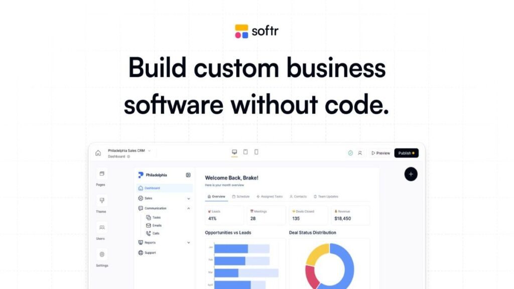 "Screenshot of Softr's intuitive drag-and-drop interface designed for fast no-code web app building."