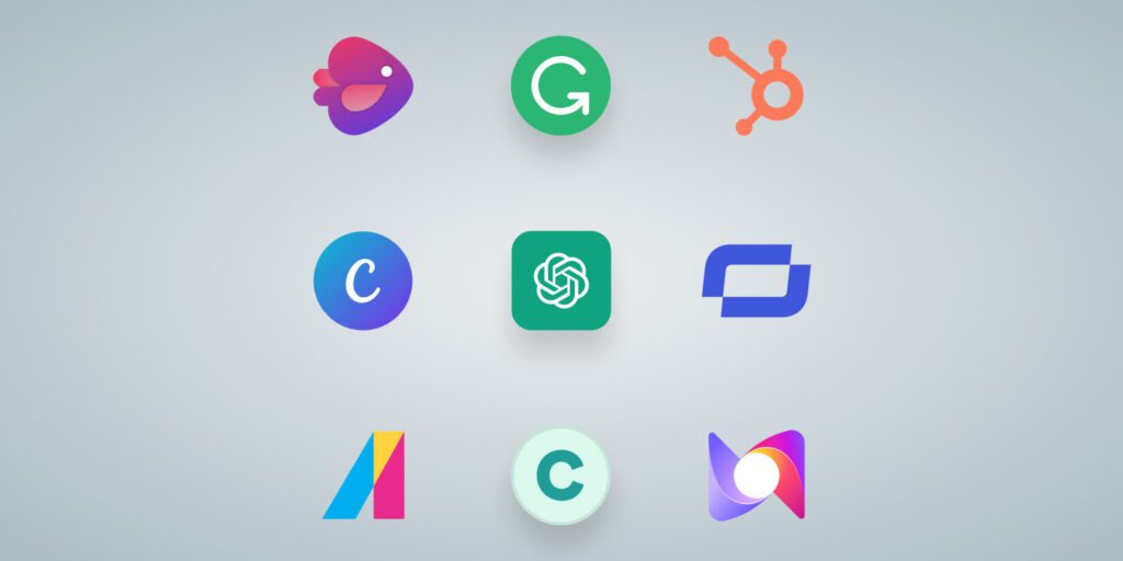 Logos of top AI content creation tools including ChatGPT, Canva, Grammarly, Copy.ai, InVideo, and Synthesia on a digital interface