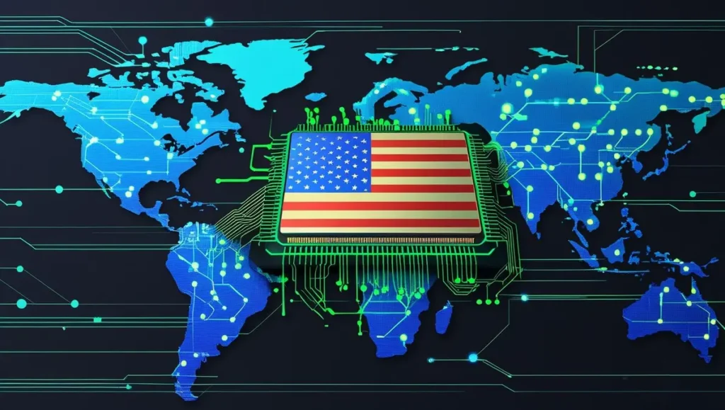 U.S. dominates global AI network with technology overlay on world map.