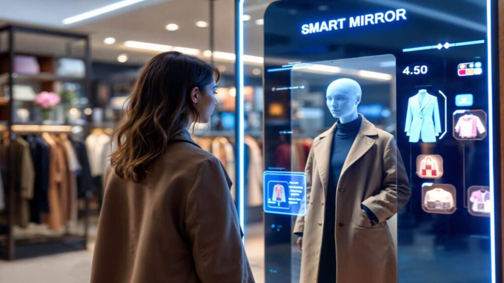 Customer using a virtual shopping assistant on a digital screen in a retail store