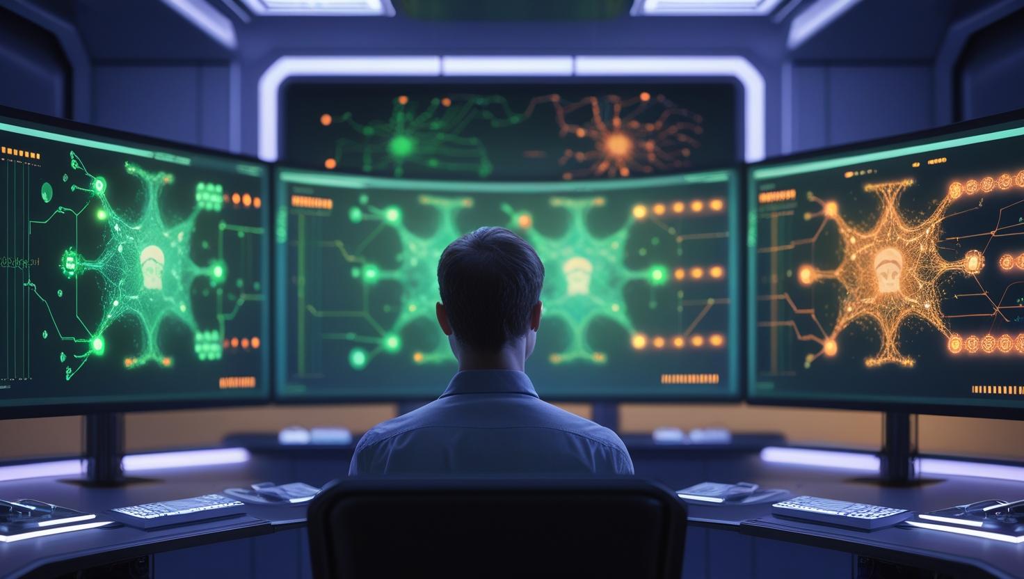 Person surrounded by AI symbols, questioning artificial intelligence concepts