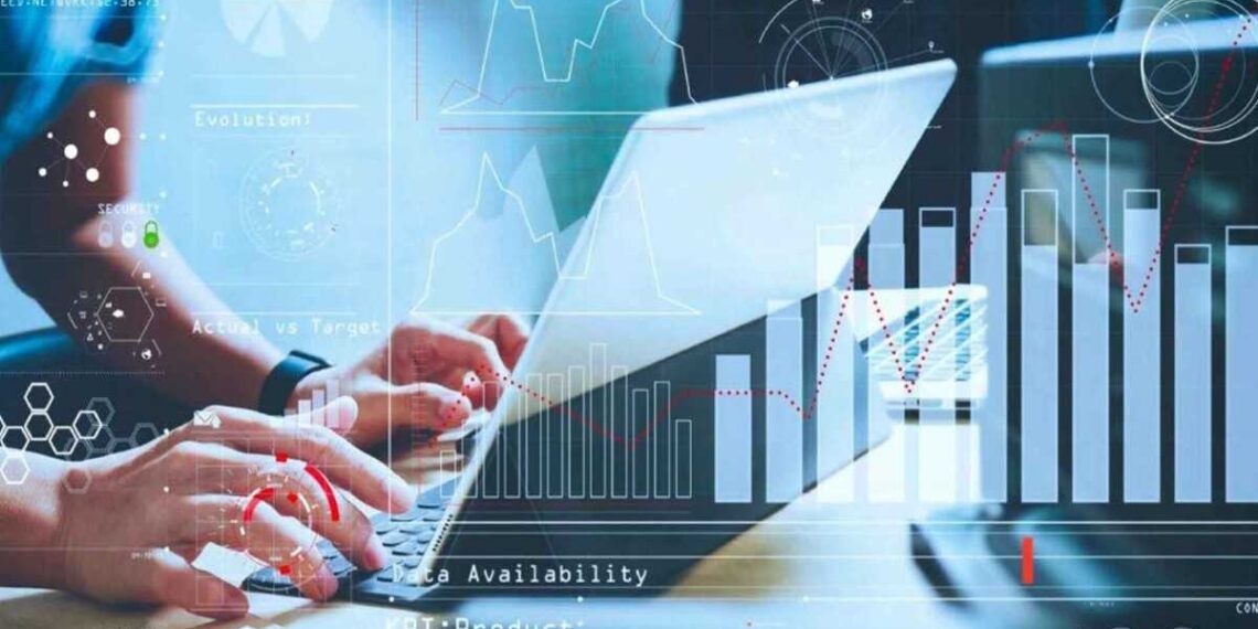 AI in data analytics visualizing complex datasets with automated processing and real-time insights.