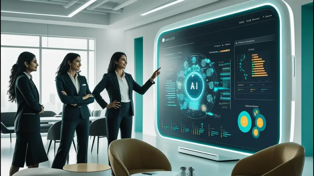 HR professionals using AI dashboards in a bright, collaborative office to focus on leadership and talent strategy.