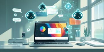 A modern workspace with a Chrome browser open, showcasing AI productivity icons like checklists, clocks, and chatbots floating above a laptop screen.