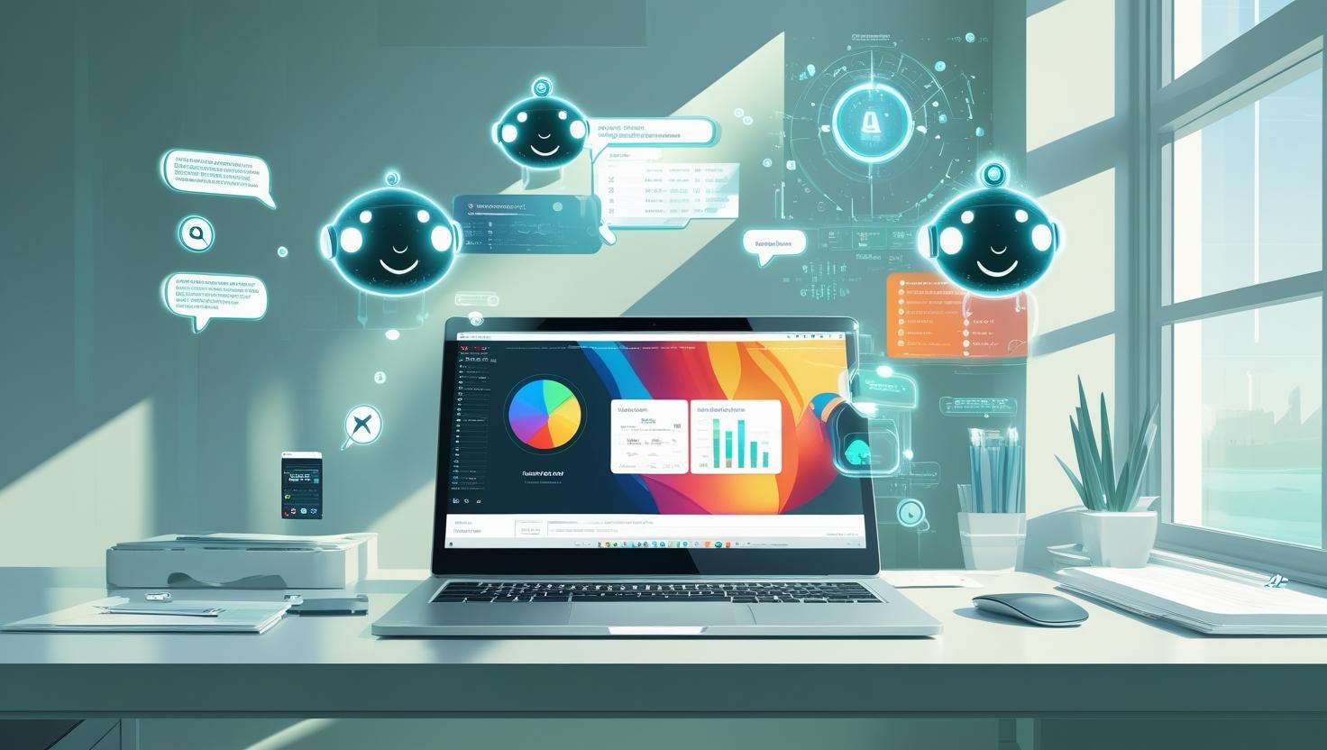 A modern workspace with a Chrome browser open, showcasing AI productivity icons like checklists, clocks, and chatbots floating above a laptop screen.