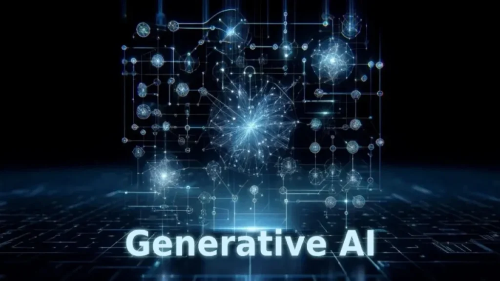 Illustration of generative AI applications across industries like healthcare, marketing, and entertainment in the United States.