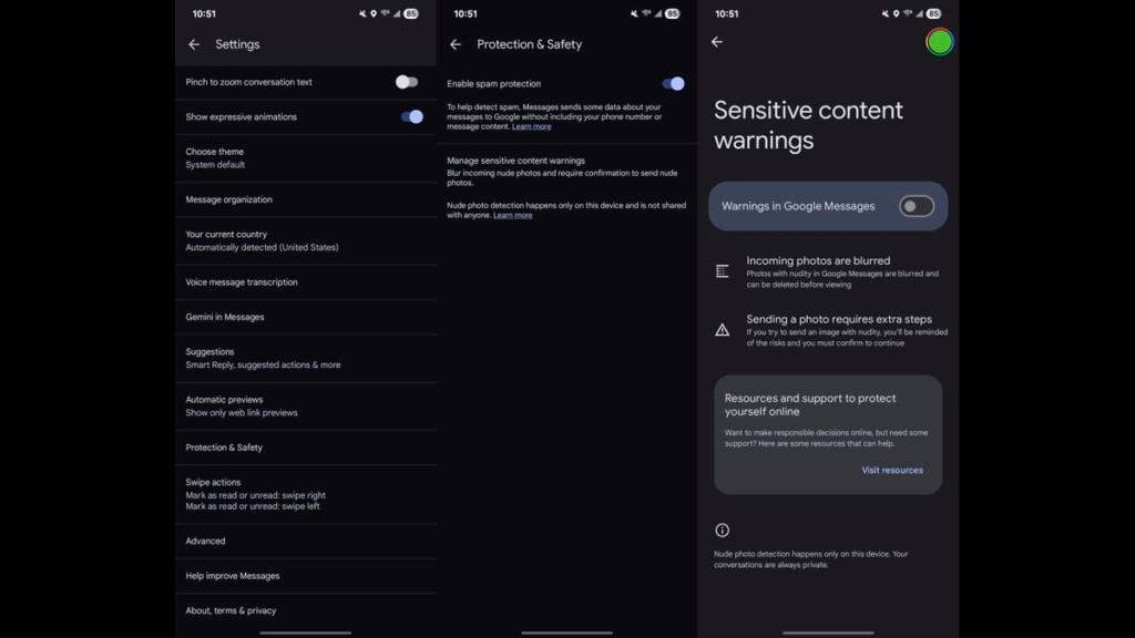 Blurred sensitive video content in Google Messages UI on Android