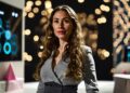 A visionary female tech leader (resembling Mira Murati) standing confidently in a high-tech AI lab