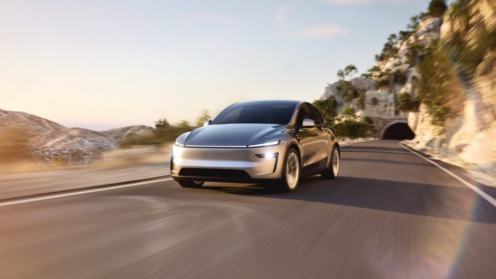 New Tesla Model Y 2025 showcased with sleek design and advanced electric vehicle technology