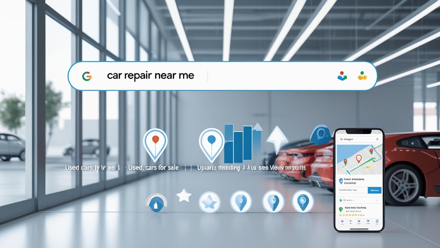 Car dealership with local SEO map results and search bar overlay showing ‘car repair near me