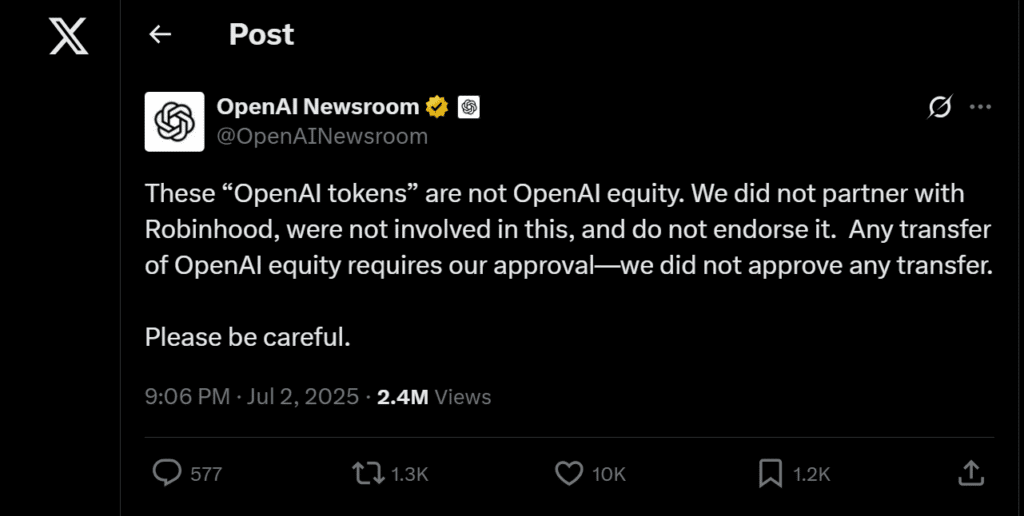 Screenshot of OpenAI’s tweet denying involvement in Robinhood token sale