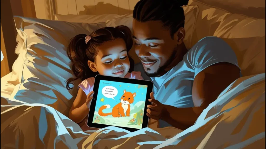 Parent and child reading an AI-generated bedtime storybook on a tablet, with colorful illustrations and a cozy nighttime setting.