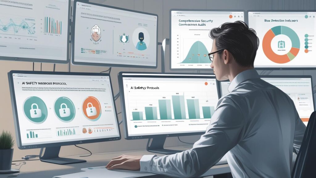 Cybersecurity expert evaluating AI models on computer screens charts showing AI safety security audits bias detection indicators neutral tones