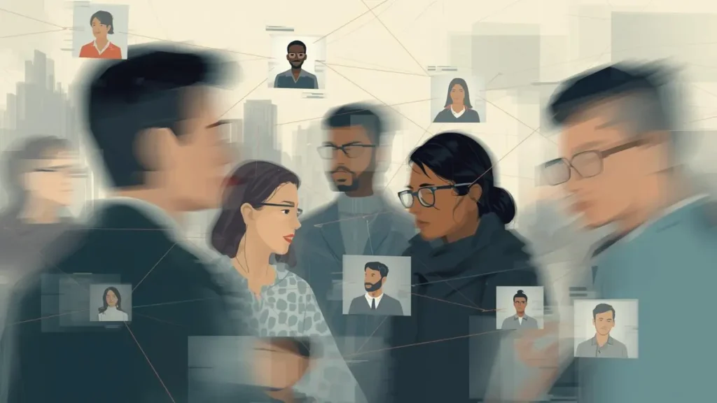Digital illustration showing social media interaction between users and creators blurred faces for privacy abstract representation of OnlyFans platform journalistic tone