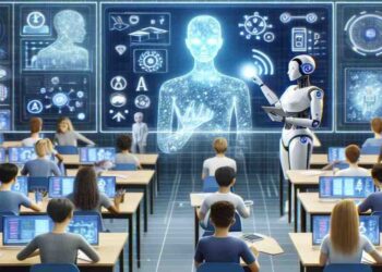 Students engaging with AI in education using laptops, while a teacher provides individual guidance.