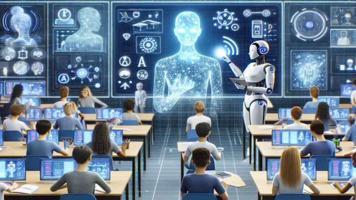 Students engaging with AI in education using laptops, while a teacher provides individual guidance.