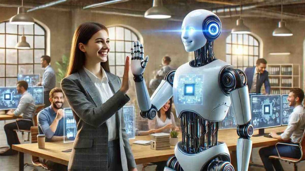 Team of professionals collaborating in a tech-enabled office environment, discussing AI integration strategies.