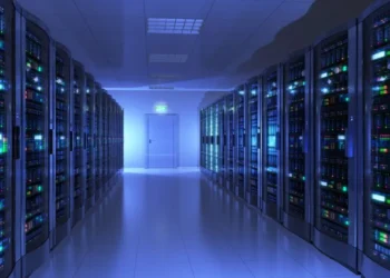 An advanced data center powered by renewable energy, featuring cooling systems and AI server racks.