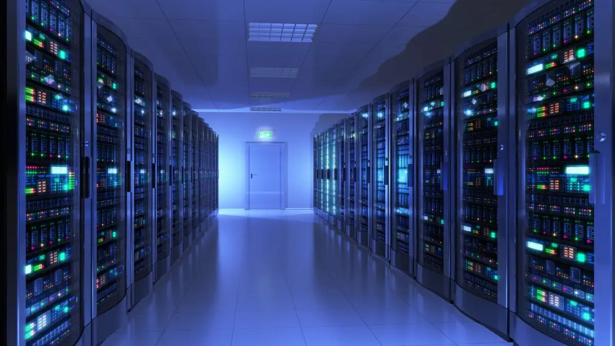 An advanced data center powered by renewable energy, featuring cooling systems and AI server racks.